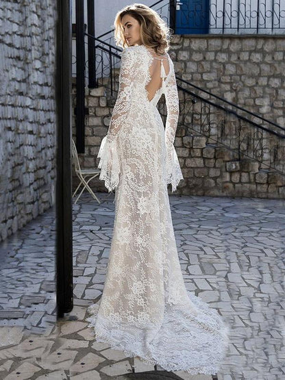 Lace Flared Sleeves V-back Evening Dress