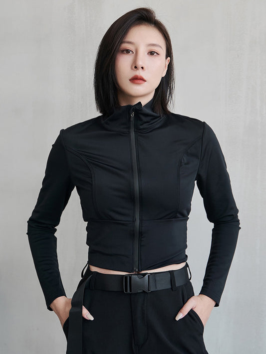 Sports Solid Color Zipper Stand Collar Long Sleeves Outwear