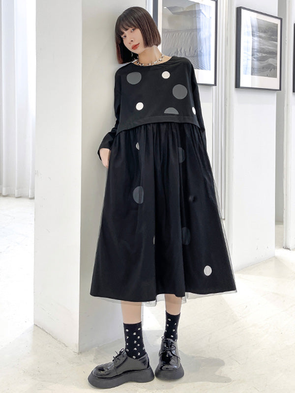 Stylish Split-Joint Pleated Polka-Dot Round-Neck Long Sleeves Midi Dress