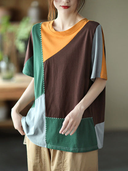 Cotton Blend Round-Neck Contrast Color T-Shirts Tops