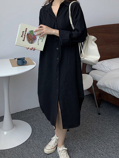 Simple Loose Casual Solid Color Buttoned Split-Side Lapel Collar Long Sleeves Midi Shirt Dress