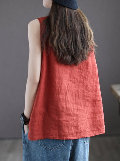 Leisure Split-Joint Linen Contrast Color Round-Neck Vest