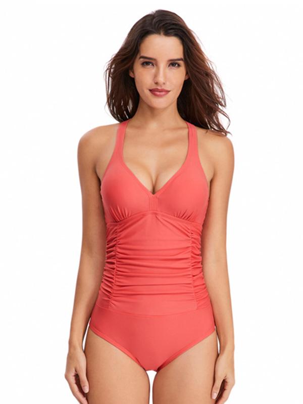 Plain Cross Straps One-piece Swimwear