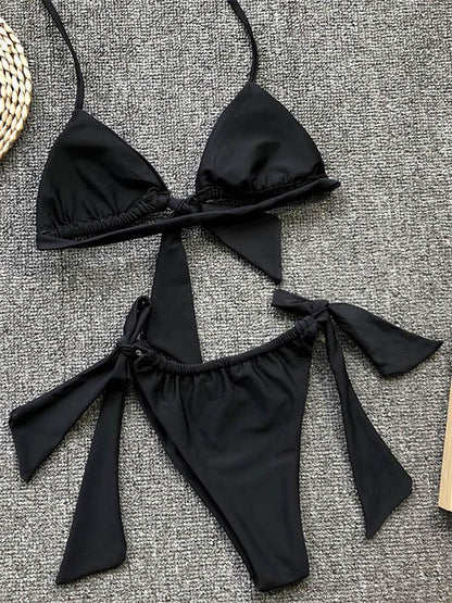 Triangle Top Ruched Plain Bikini Set
