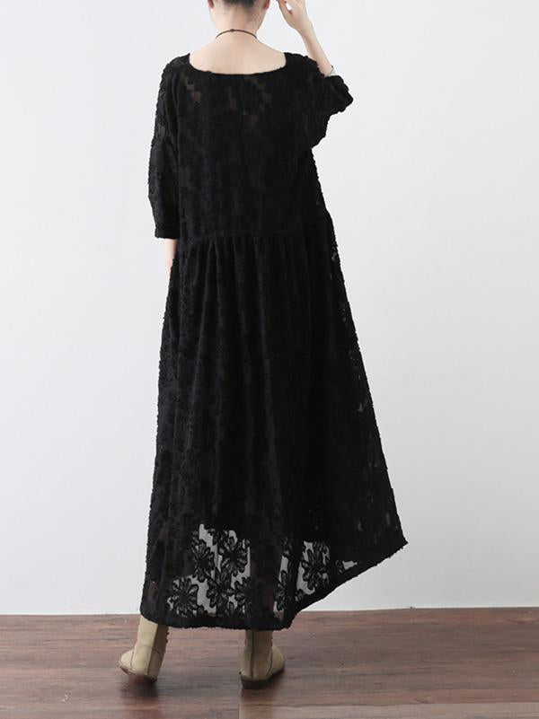 Loose Lace Hollow Cropped V-Neck Long Dress
