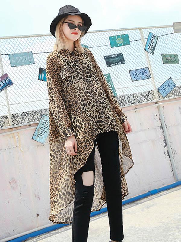 Leopard Chiffon Loose High-low Light Shirt Top