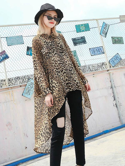 Leopard Chiffon Loose High-low Light Shirt Top