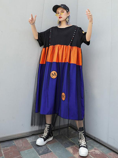 Loose Mesh Split-joint Short Sleeves Dress