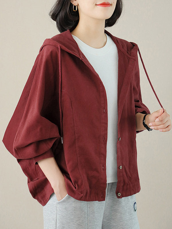 Casual Buttoned Drawstring Solid Color Batwing Sleeve Outerwear