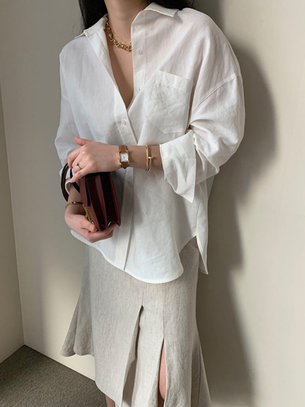 Urban Ramie Cotton Solid Color Lapel Long Sleeves Blouse