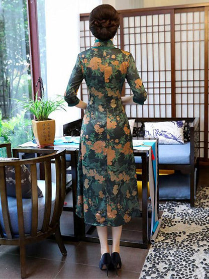 Autumn Flower Print Split-front Stand-collar Long Cheongsam