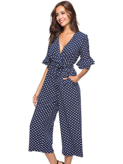 Printed Belted V-neck Half Sleeves Jumpsuit
