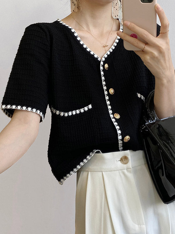 Casual Black&White V-Neck Short Sleeves Knitwear Cardigan