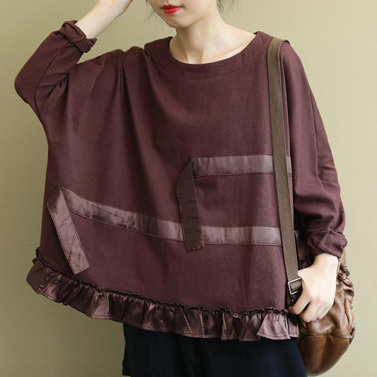 Buykud Ruffled Hem Applique Stripe Casual Loose Blouse