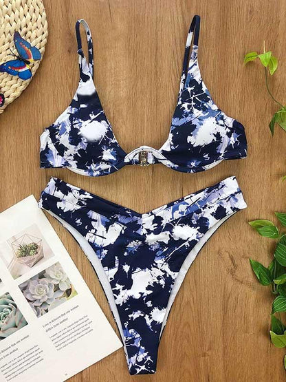 Tie-Dyed Spaghetti-Neck Split Bikini Swimsuit