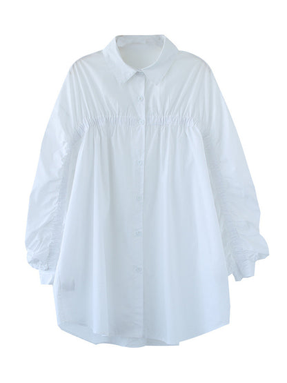 Simple Split-Joint Pleated Buttoned Lapel Collar Long Sleeves Blouses