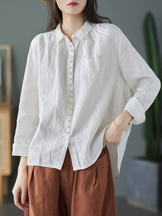 Vintage Solid Color Buttoned Pleated Lapel Collar Long Sleeves Blouse