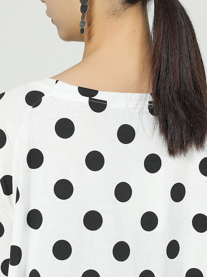 Original Split-Joint Polka-Dot Contrast Color Round-Neck Short Sleeves Midi Dress