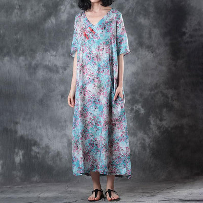 Retro V Neck Short Sleeve Printed Ramie Dress
