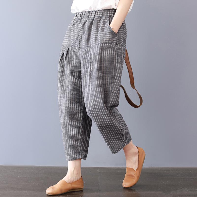 Stripe Pockets Cotton Women Pants
