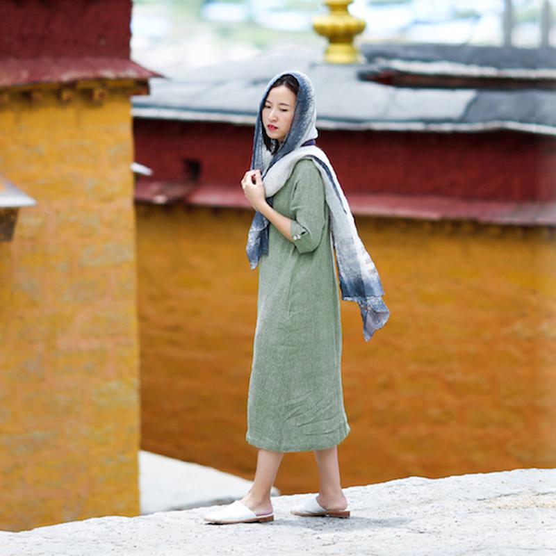 Round Neck Half Sleeve Women Summer Loose Green Pleated Dress