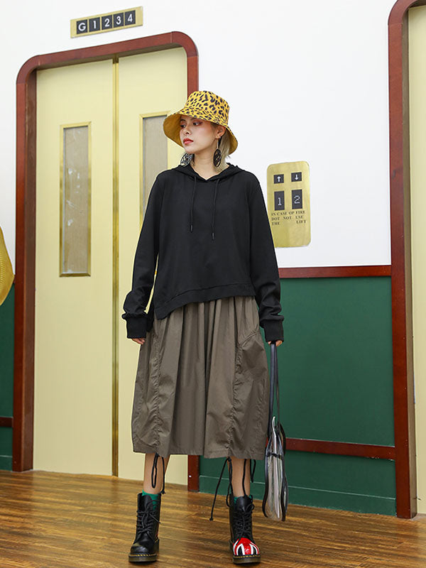 Retro False Two Split-joint Drawstring Sweatshirt Dress