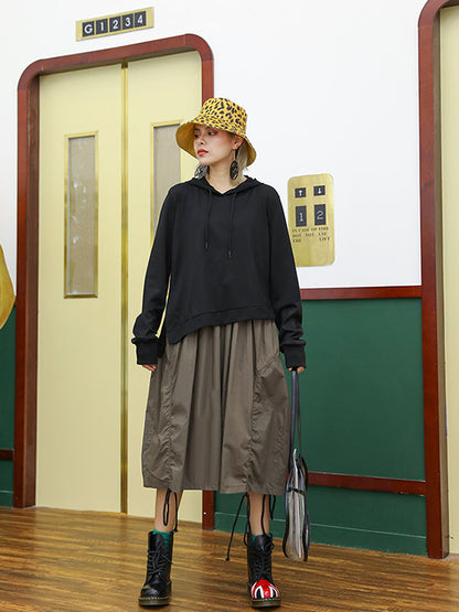 Retro False Two Split-joint Drawstring Sweatshirt Dress