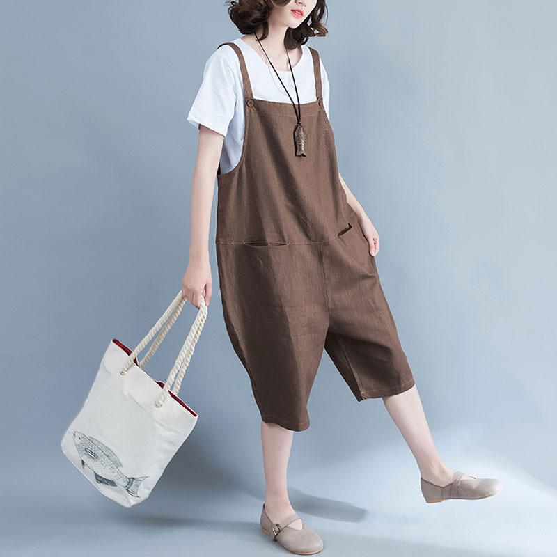 Women Linen Loose Casual Summer Plain Coffee Jumpsuit Pants