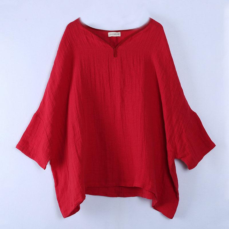 V Neck Long Sleeve Loose Solid Red Shirt
