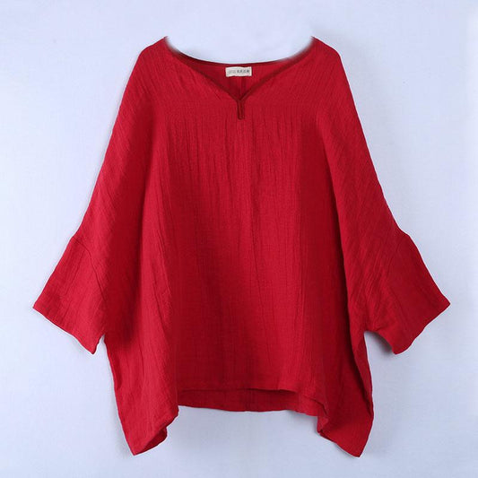 V Neck Long Sleeve Loose Solid Red Shirt