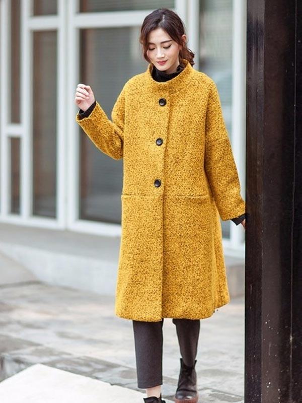Winter Women Yellow Loose Wool Coat