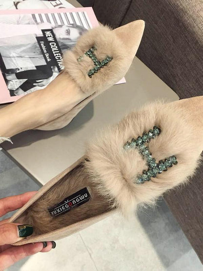 Rhinestone H Letter Artificial Fur Pointed Shoes