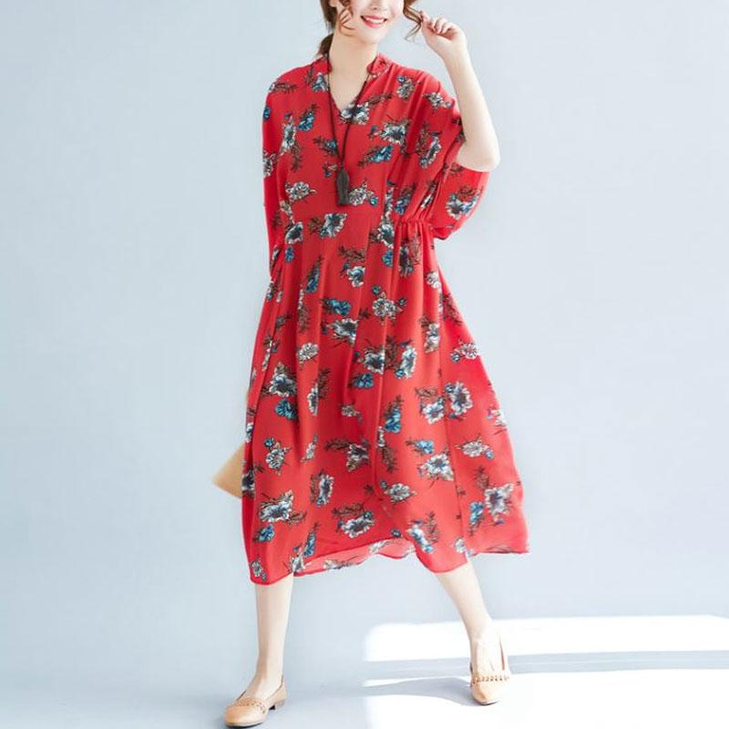 V Neck Loose Plus Size Printed Chiffon Dress