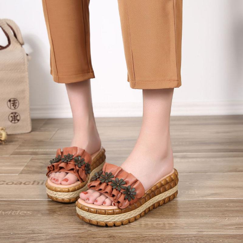 Slope Heel Thick Bottom Brown Slippers Women Beach Shoes