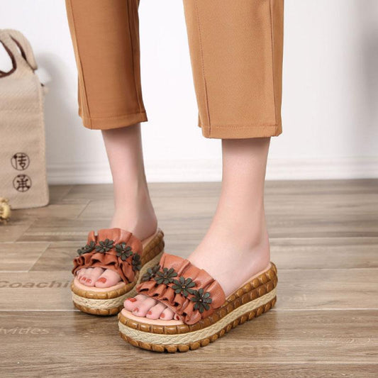 Slope Heel Thick Bottom Brown Slippers Women Beach Shoes