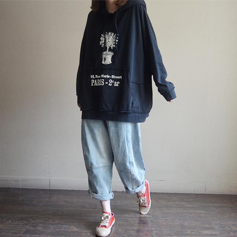 Plant Print Cotton Hooded Spring Sweatshirt