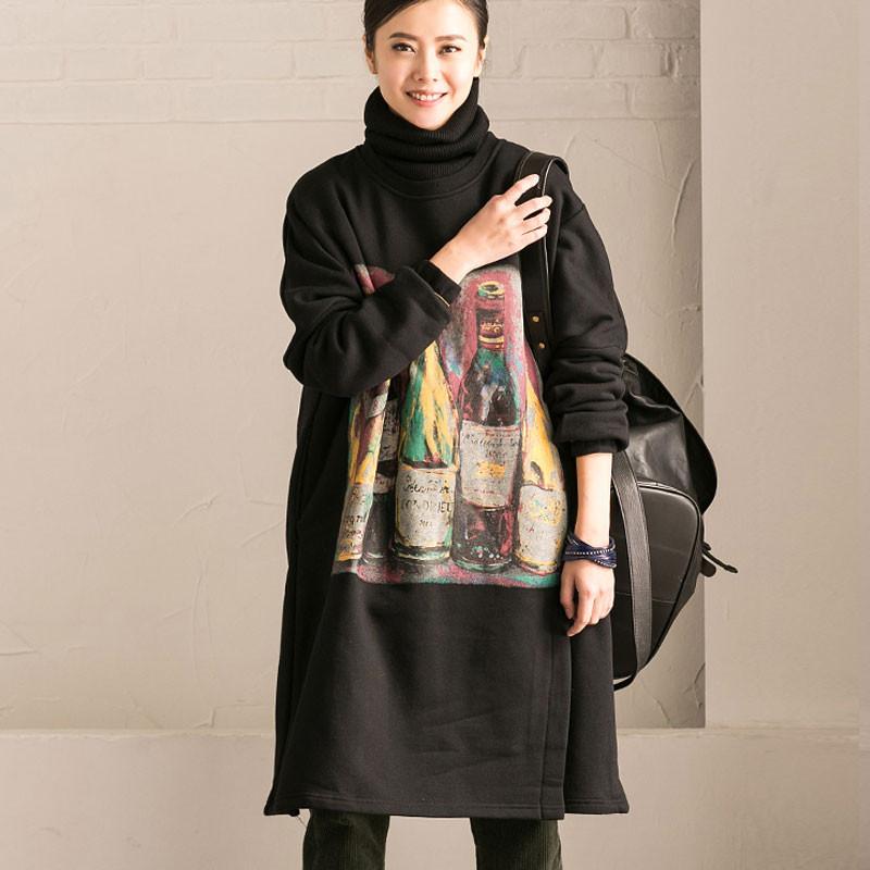 Women Cotton Casual Loose Long Sleeve Printed Black Dress