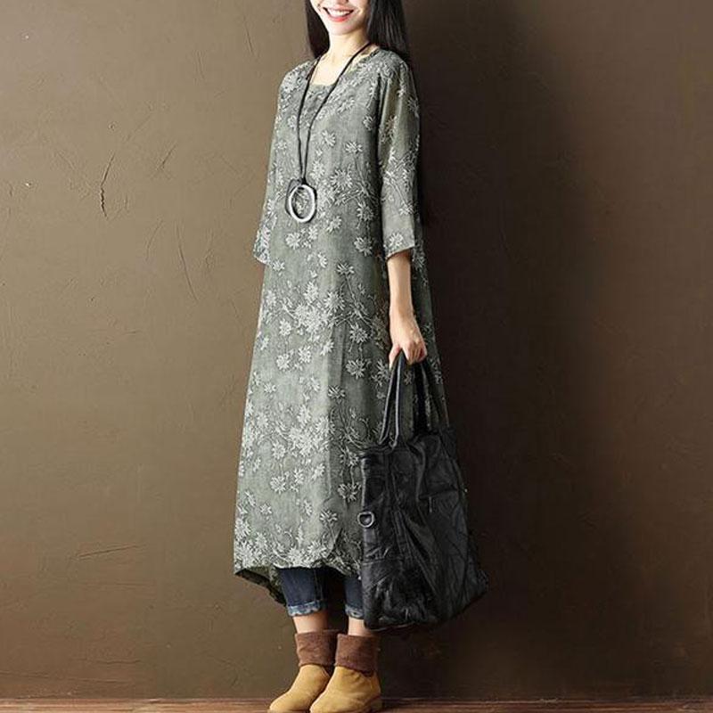 Retro Printed Lining Three Quarter Sleeve Green Dress