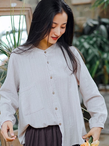 SOLID LOOSE PLEATED STAND COLLAR SHIRT