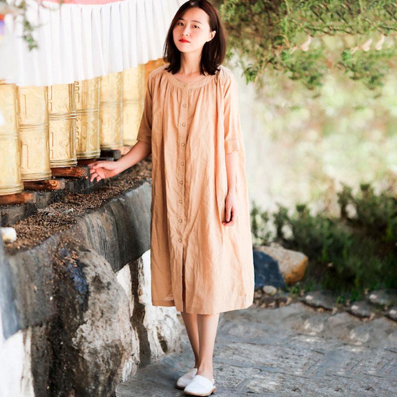 Round Neck Half Sleeve Women Single Breasted Ramie Shirt Dress