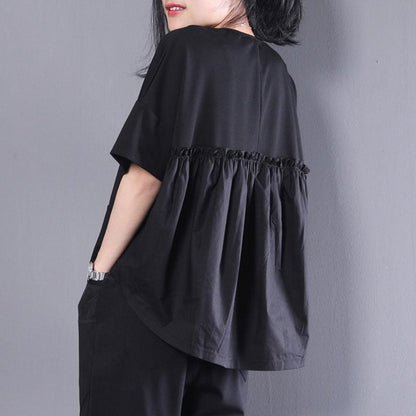 Women Black Cotton Short Sleeve Pleated Loose Tops