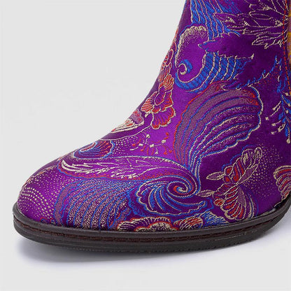 Retro Vintage Printed Leather Block High Heels Ankle Boots