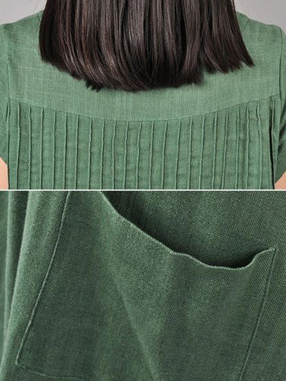 Women Cotton Linen Loose Fitting Dress in Green-Size M,L,XL,2XL