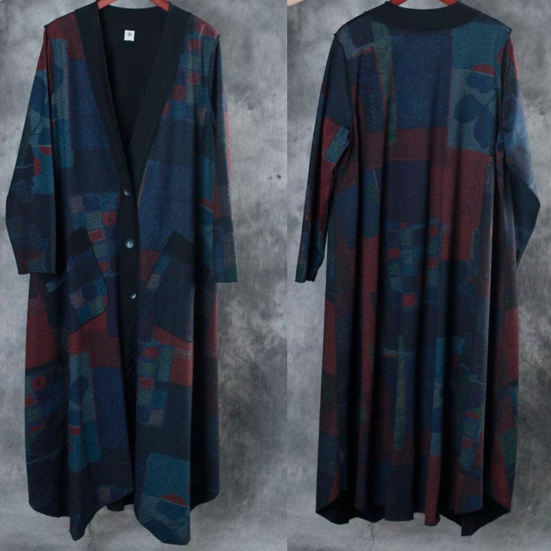 V Neck Single Breasted Retrpo Printing Long Sleeves Dark Blue Women Dress