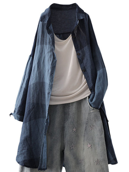 RETRO LINEN PLAID LONG SHIRT
