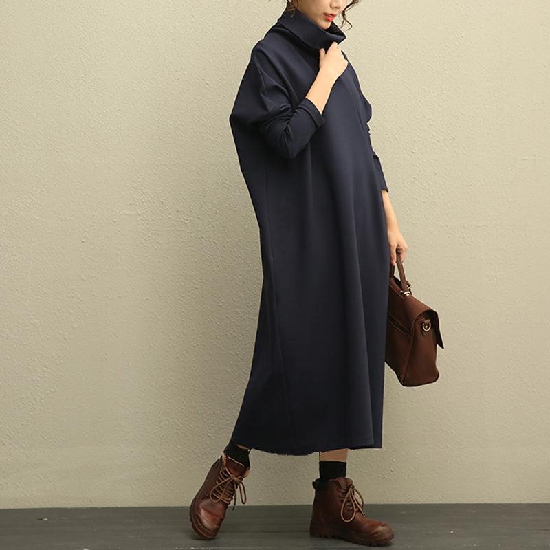 Literature Turtle Neck Long Sleeves Cotton Spandex Navy Blue Women Dress