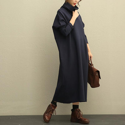 Literature Turtle Neck Long Sleeves Cotton Spandex Navy Blue Women Dress