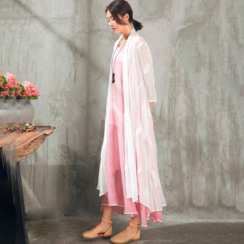 Women Feather Embroidery White Cardigan Thin Coat