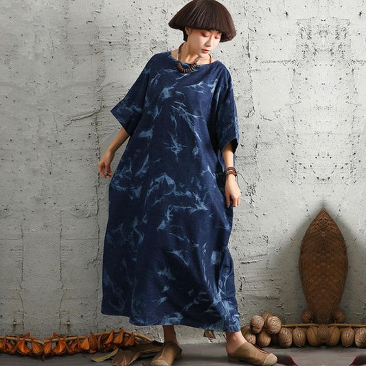 Loose Cotton Linen Women Round Neck Short Sleeve Dress