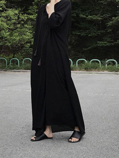 Black Vintage Daily Long Dress with Ropes on the Neck